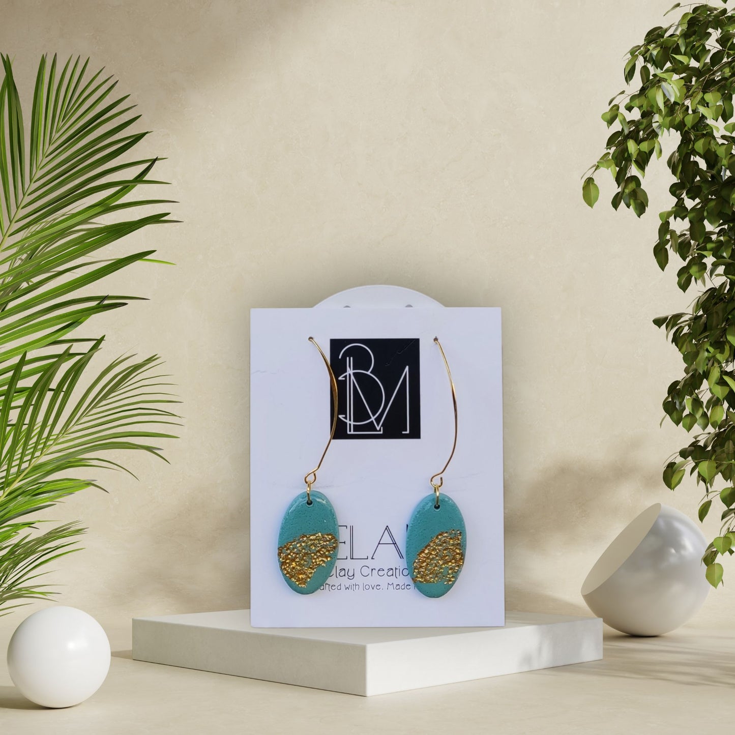 LAGOON GOLD – Τιρκουάζ & Χρυσά Ανάγλυφα Οβάλ Σκουλαρίκια