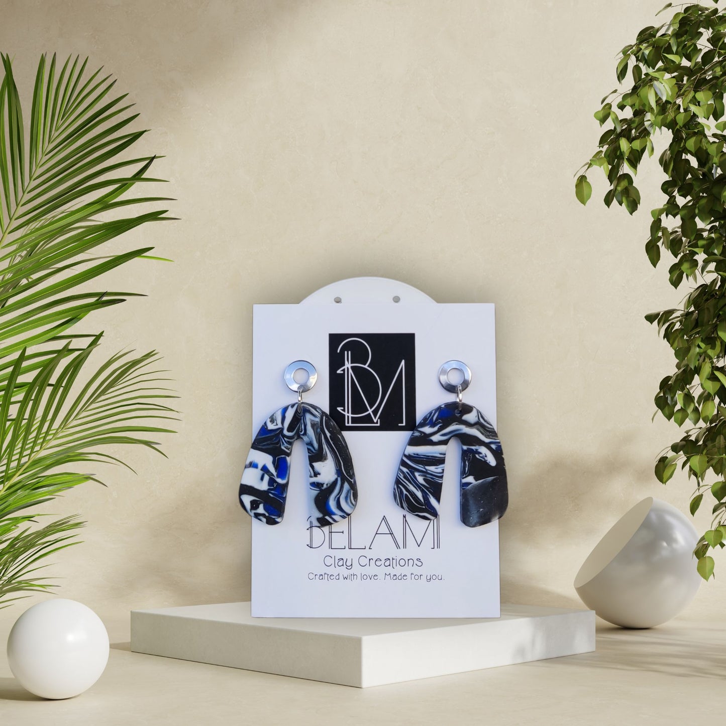 MONOCHROME DRIFT – Black & Blue Abstract Clay Earrings
