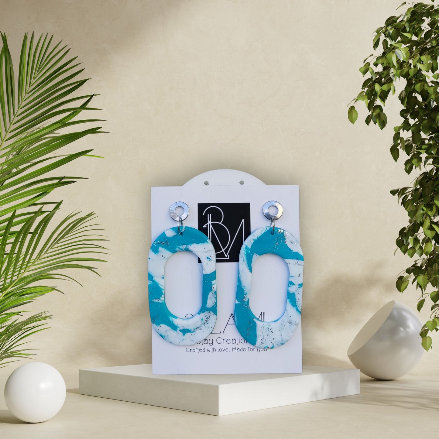 OCEAN LOOP – Turquoise & White Swirl Clay Earrings