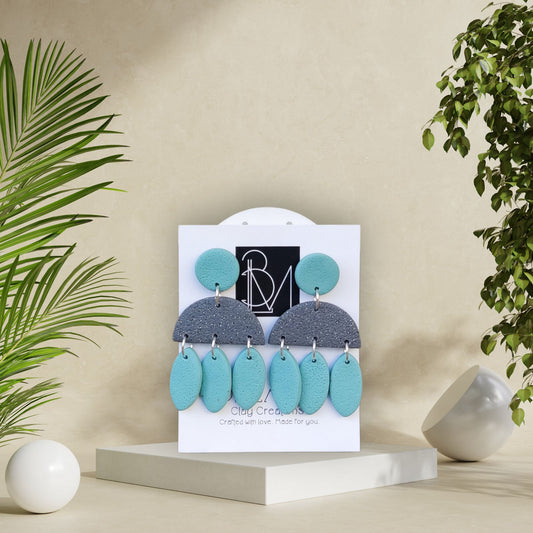 SEAFOAM RHYTHM – Blue & Grey Statement Clay Earrings